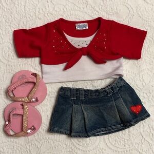 Build-A-Bear Red Shirt, Denim Skirt and Pink Glitter Shoes Valentines Day Heart